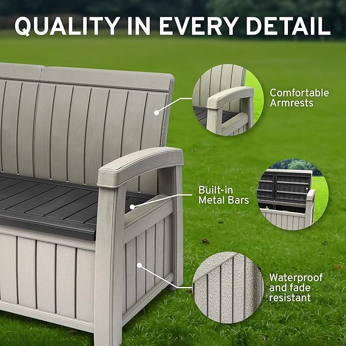 EconoHome 2 Seat Outdoor Storage Bench with Rain Cover - 60 Gallon Capacity - Weatherproof Resin Bench for Patio, Porch, Garden, Yard, Pool Area - Furniture for Pool Accessories, Gardening Tools-Ruum Studio Home