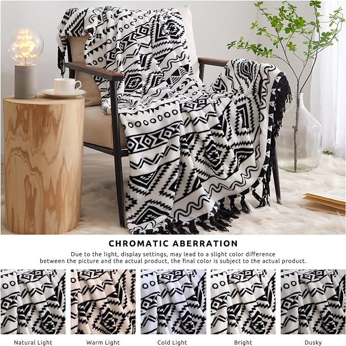 CASAAGUSTO Boho Throw Blanket - Black and White Decorative Blankets with Tassel, Printed Flannel Bohemian Blanket for Chair, Bed, Sofa, Couch(50 * 60, Black and White)-Ruum Studio Home