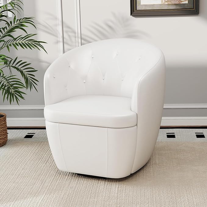 360° Swivel Leather Accent Chair, Modern Barrel Club Chair with Leather Upholstery and Sturdy Base, Comfortable Armchair for Living Room, Bedroom, Reading Nook, White-Ruum Studio Home