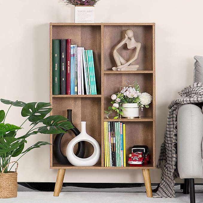 5 Cube Small Bookshelf,3 Tier Mid-Century Modern Bookcase with Legs,Wood Kids Bookshelves Storage Organizer Shelf,Free Standing Narrow Book Shelves,Oak Grey Corner Bookcases for Bedroom,Living Room-Ruum Studio Home