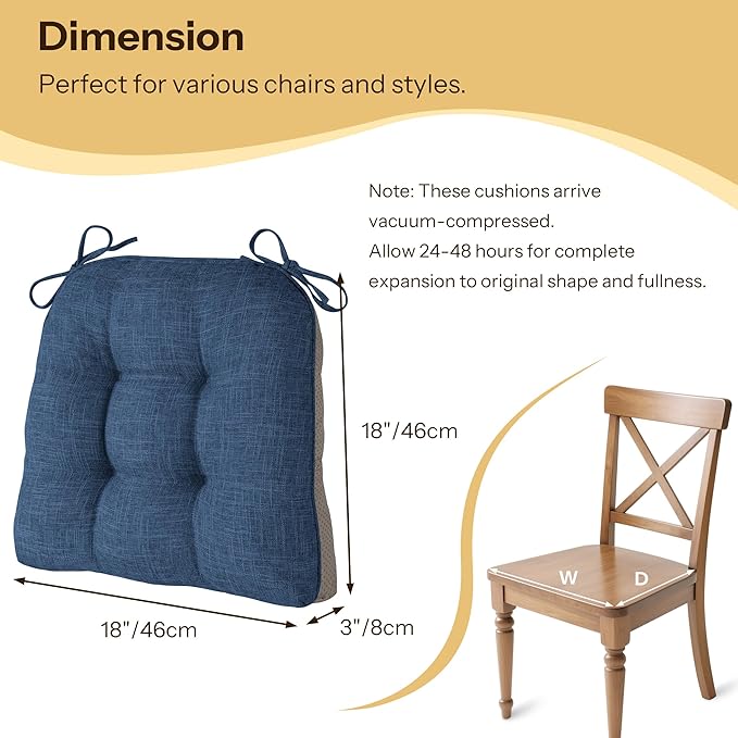Non Slip Chair Cushions for Dining Chairs Set of 4 Kitchen Chair Cushions 18"x18"x3" Turfted Chair Pads Comfortable and Soft Seat Cushion with Ties, Royal Blue-Ruum Studio Home