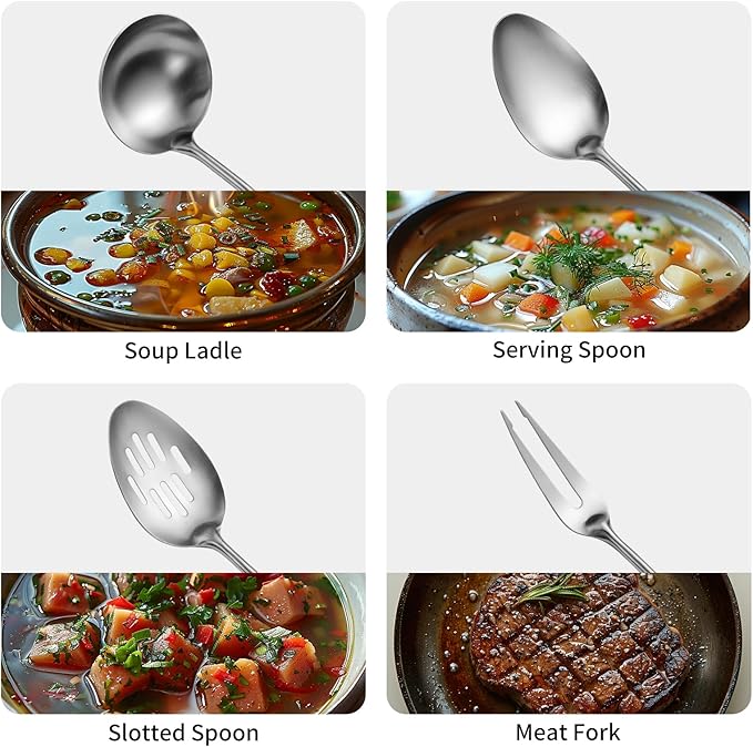 304 Stainlss Steel Kitchen Utensils Set, 11 Pcs Long Metal Cooking Utensil Gadgets Tools Set with Spatula, Ladle, Spoon, Ladle, Skimmer, Tunner, Pasta Server, Tongs(Silver, Dishwasher Safe)-Ruum Studio Home