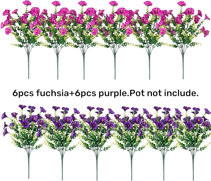 Artificial Flowers for Outdoors Fake Plants Outside Decoration, 12 Bundles Silk Colorful Morning Glory with Eucalyptus UV Resistant Realistic Faux Flowers for Planter Porch Patio Yard Garden-Ruum Studio Home