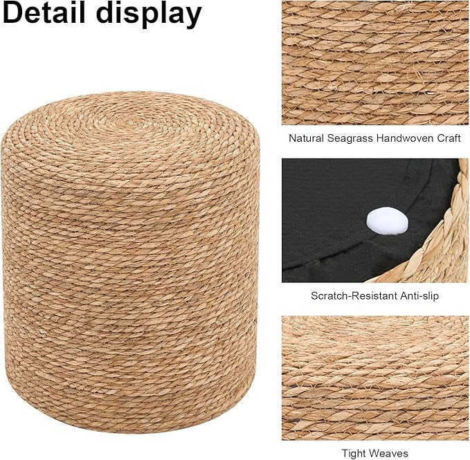 Pouf Ottomans, Handwoven Natural Straw Footstool, Round Braided Outdoor Patio Stool with Wood Frame, Boho Decor Accent Seat Balcony, or Garden (Natural)-Ruum Studio Home
