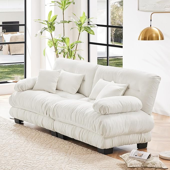 Loveseat Modular Sectional Sofa, Cloud Couch 2 Seater Sectional Couch Home Sofa Living Room Oversized Couch, Modern Deep Seat Couch with Chaise with Round Bolster Armrests 4 Pillows(White)-Ruum Studio Home