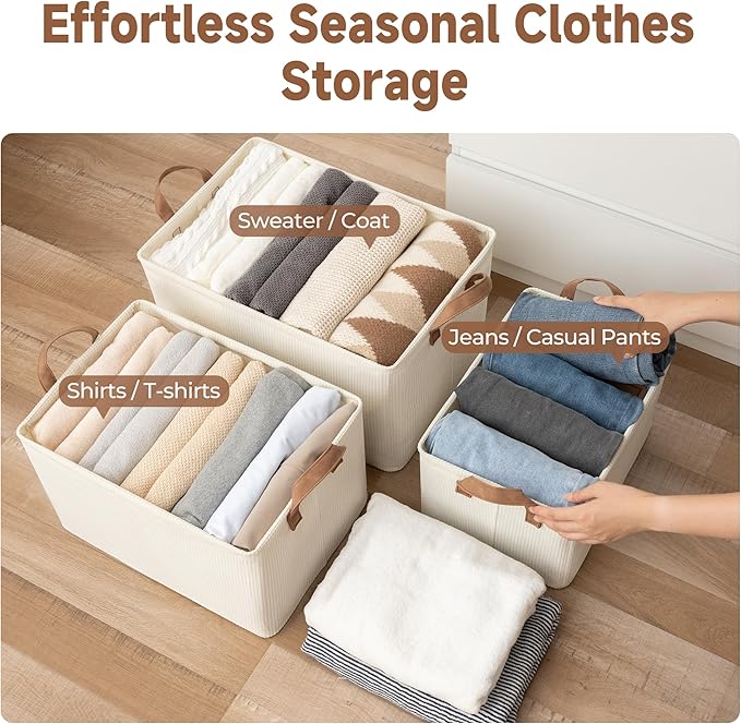 StorageWorks Storage Bins, Shelves Baskets for Organizing, 45L Extra Large Fabric Closet Organizers with Handles, Metal Frame, Beige（Texture）, 2-Pack-Ruum Studio Home