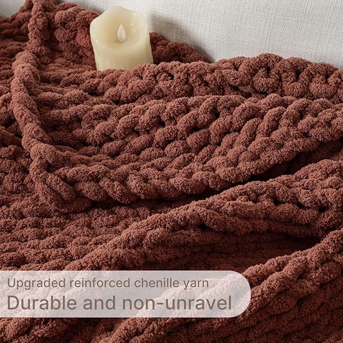 Chunky Knit Blanket Throw, 100% Hand Knit Throw Blanket Handmade Chenille Cable Knit Throw for Couch, Stylish Cozy Soft Rope Knot Crochet Blanket for Home Decor, Copper Brown, 50x60 Inches-Ruum Studio Home