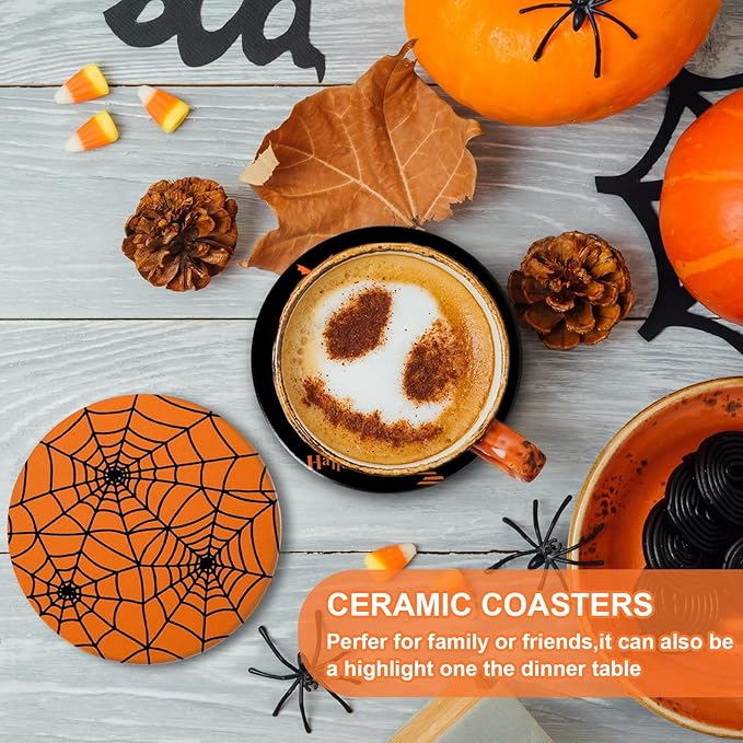4Pcs Halloween Coasters Orange Black Round Ceramic Coaster Trick or Treat Heat-Resistant Cup Mats for Wooden Table Protection Home Party Supplies-Ruum Studio Home