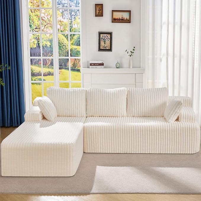 Hobestluk Modular Sectional Sofa Couches 108" L-Shape Couch 3 Seat Modular Sofa Memory Foam Sectional Couches for Living Room, Boneless Couch with Oversized Chaise (White, Left Facing)-Ruum Studio Home