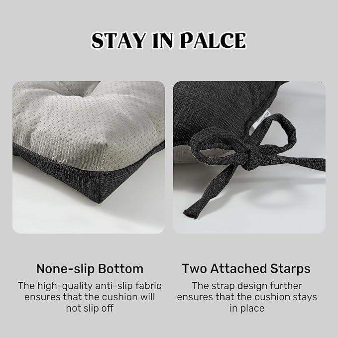 puredown® Chair Cushions for Dining Chairs, Tufted Memory Foam Chair Pads with Non-Slip Backing, Kitchen Seat Cushions with Ties, Washable Seat Pad Set of 4, 15.5" x 15.5" x 4", Black-Ruum Studio Home