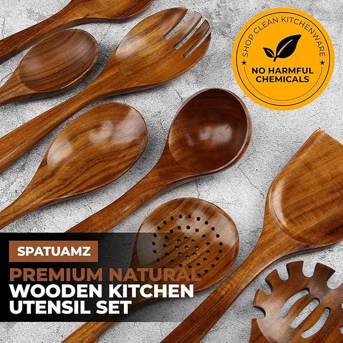 SPATUAMZ Teak Wood Spoons for Cooking, Elegant Wooden Cooking Set of 10, Excellent Kitchen Cooking Utensils Set for Home-Ruum Studio Home