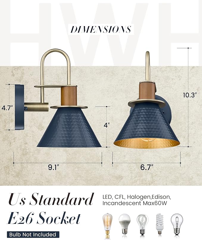 HWH Rustic Wall Sconces, Industrial Sconce Wall Lighting Indoor Wall Lamp, Gooseneck 1-Light Barn Vanity Light for Bathroom Bedroom Bedside, Hammered Metal Shade, Navy Blue Finish, 5HZG74B BL+BG-Ruum Studio Home