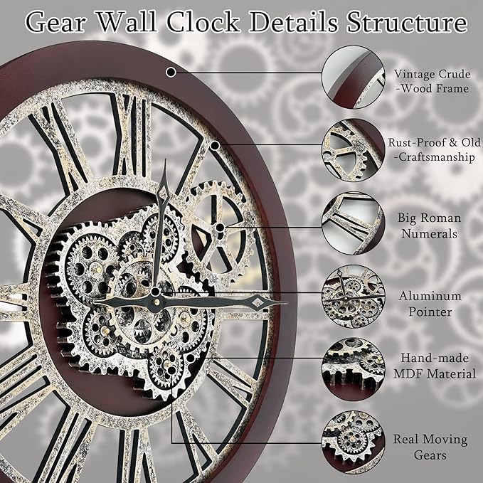HOIBAI Wall Clock, Clocks for Living Room Decor 20 Inch Big Moving Gears Clock Farmhouse Vintage Rustic Wall Clock Vintage Roman Oversized for Home Bedroom House Kitchen Wall Decor-Ruum Studio Home