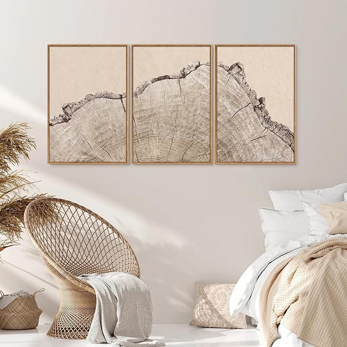SIGNINART Large Tree Ring Framed Canvas Wall Art Set, Rustic Beige Nature Wooden Wall Decor, Neutral Wood Stump Artwork, Modern Art Prints for Bedroom Living Room Office 16"x24"x3-Ruum Studio Home