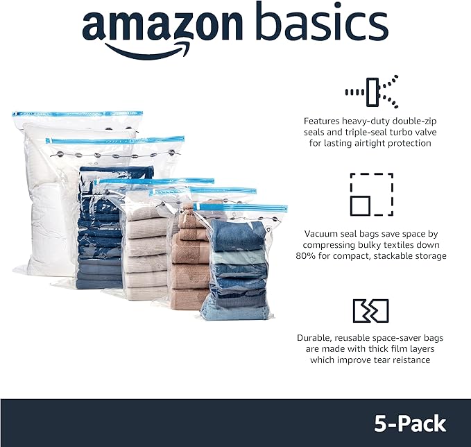 Amazon Basics Vacuum Compression Space Saving Storage Bags with Hand Pump, Large, Pack of 5, Clear-Ruum Studio Home