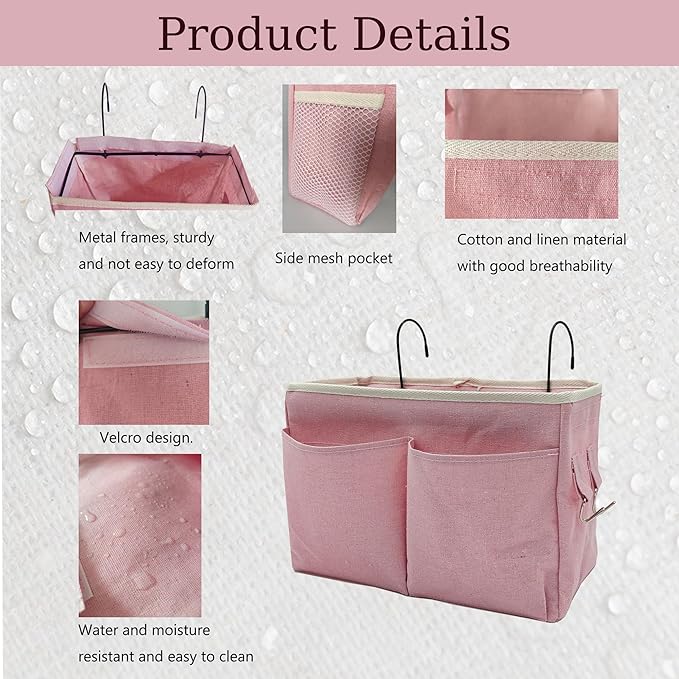 2-Pack Bedside Caddy Bedside Hanging Storage Basket Multi-Function Organizer Caddy for Bunk and Hospital Beds Dorm Rooms Bed Rails, Can be Placed Glasses Books Mobile Phones（2 pcs pink）-Ruum Studio Home