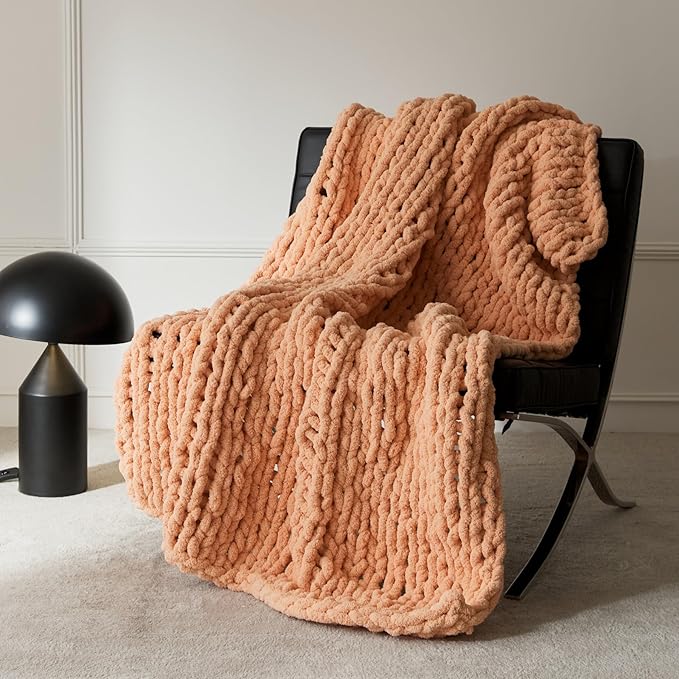 WESHIONGOO Chunky Knit Blanket Throw Knitted Throw Blankets for Couch Bed Fluffy Soft Blanket with Jumbo Chenille Yarn Thick 100% Handmade(Peach Fuzz, 50"×60")-Ruum Studio Home