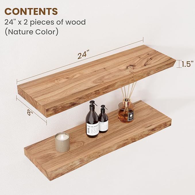 Floating Shelves for Wall Decor, Rustic Solid Elm Wood Live Edge Floating Shelves Wall Mounted, Wall Shelves with Invisible Bracket for Living Room Bathroom Bedroom Kitchen, 24 Inch Set of 2, Natural-Ruum Studio Home