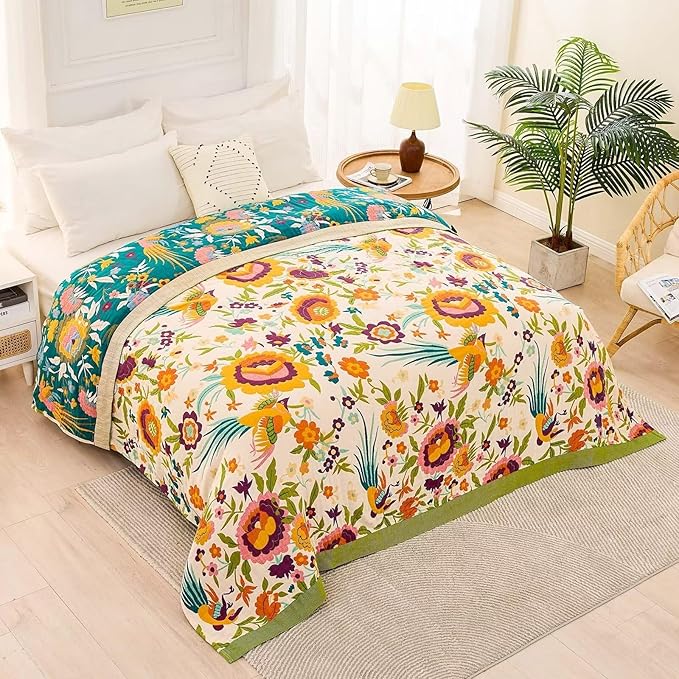 Boho Throw Blanket for Bed, 100% Cotton Soft Rustic Quilt Fall Blanket, 80" 90" Floral Printed Farmhouse Decor Bed Blankets, All Season Rustic Reversible Bohemian Throw Quilt-Ruum Studio Home