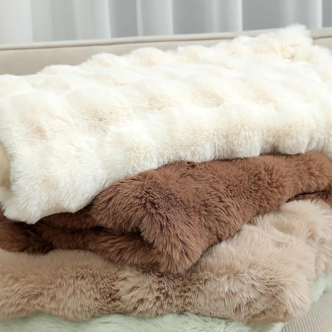 RYNGHIPY Faux Rabbit Fur Throw Blanket Ruched Plush Fuzzy Blanket for Couch Bed Sofa Heavy Warm Comfy Throws for Living Room Bedroom Machine Washable (Solid Brown, 63''x79'')-Ruum Studio Home