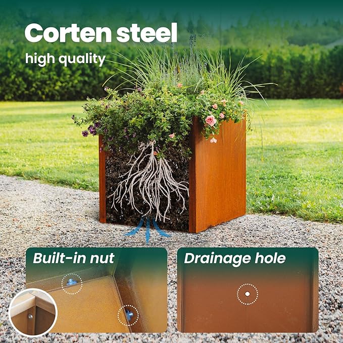 Corten Steel Planter Box Metal Outdoor Large Rectangular Rustic Durable Antique Detached for Commercial Residential Patio Deck and Backyard 17" x 17" x 18"-Ruum Studio Home