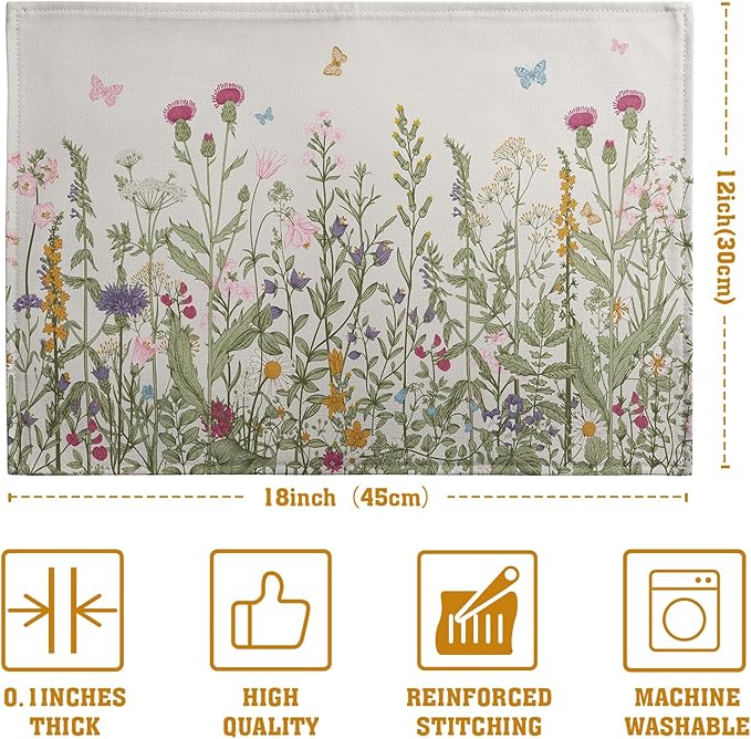 Rustic Wildflower Floral Placemats Set of 4 Spring Summer Vintage Flowers Plants Herbs Linen Table Mats 12x18 Inch Seasonal Flower Decorative Place mats for Farmhouse Kitchen Dining Decoration-Ruum Studio Home
