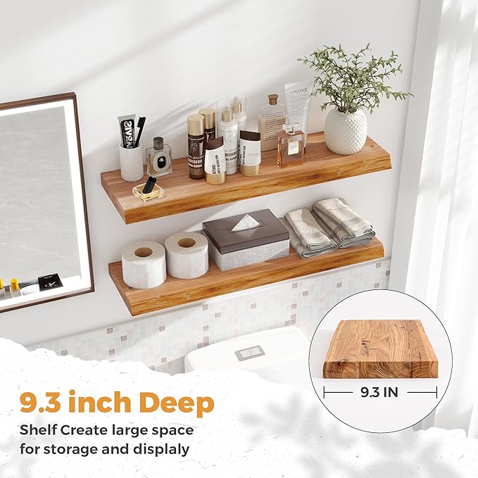 RICHFOCUS Live Edge Elm Floating Shelves - 30" W x 9.3" D Rustic Solid Wood Wall Shelves with Invisible Bracket, Wall-Mounted for Living Room, Bedroom, Kitchen Storage & Display, Set of 2, Natural-Ruum Studio Home