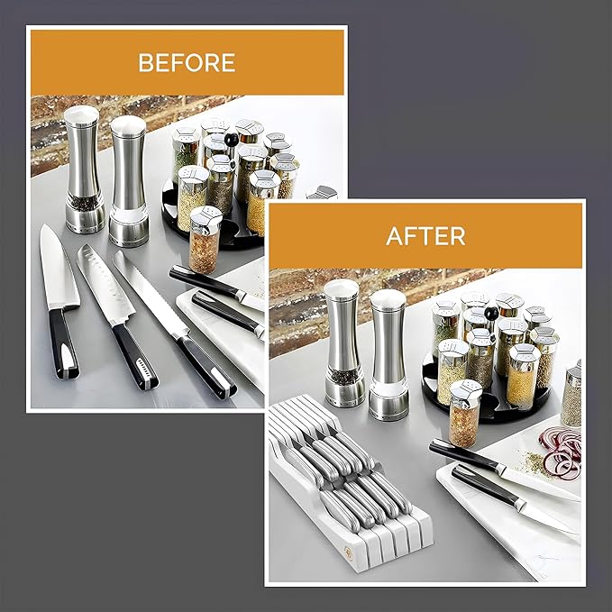 In-Drawer Knife Block Organizer - Bamboo Wood Drawer Knife Organizer - Holds 5 Long + 6 Short Knives (Not Included) - Store Knives with Blades Pointing Down-Ruum Studio Home