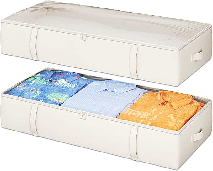 2-Pack Under Bed Storage Containers, 8 Inches Tall Underbed Clothes Storage Organizer Bin with Sturdy Sidewalls/Bottom, Under the Bed Storage Bags 2 Storage Bins, Beige-Ruum Studio Home
