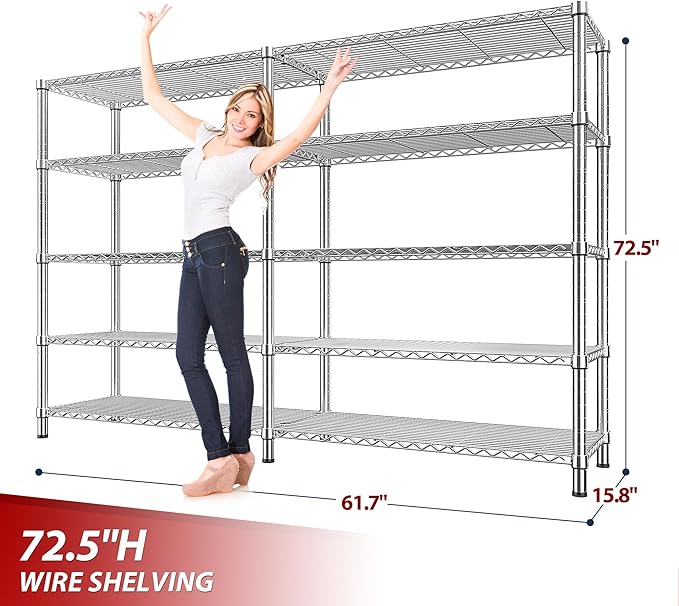 REIBII 1500LBS Storage Shelves 61.7''W Wire Shelving Unit 5 Tier Metal Shelving for Storage Rack Shelves Heavy Duty Garage Shelf Pantry Shelves Kitchen Shelving, 61.7" W*72.4" H*15.8" D, Chrome-Ruum Studio Home
