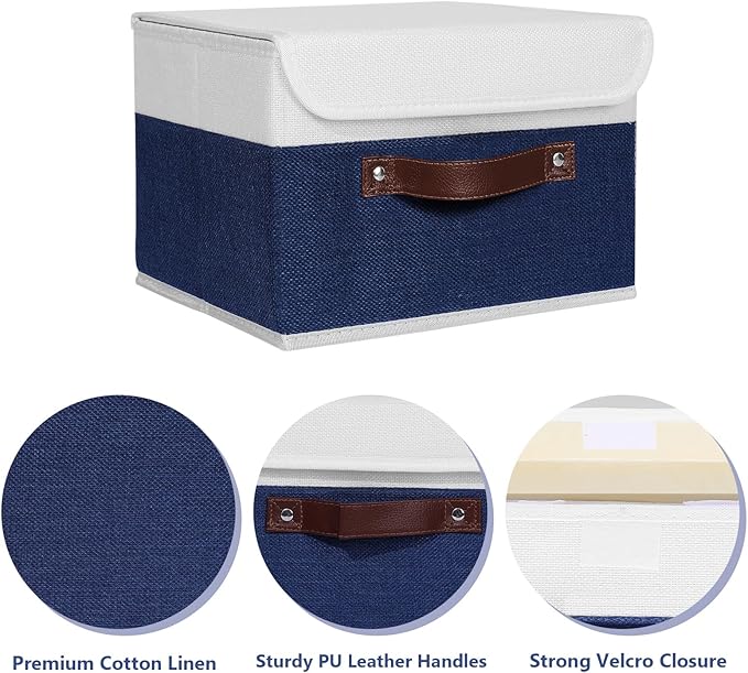 ANMINY 2PCS Storage Boxes with Lid Washable Decorative Storage Bin Basket with PU Leather Handle Foldable Linen Fabric Storage Cube Container for Home Closet Organizer - Deep Blue White, Small Size-Ruum Studio Home