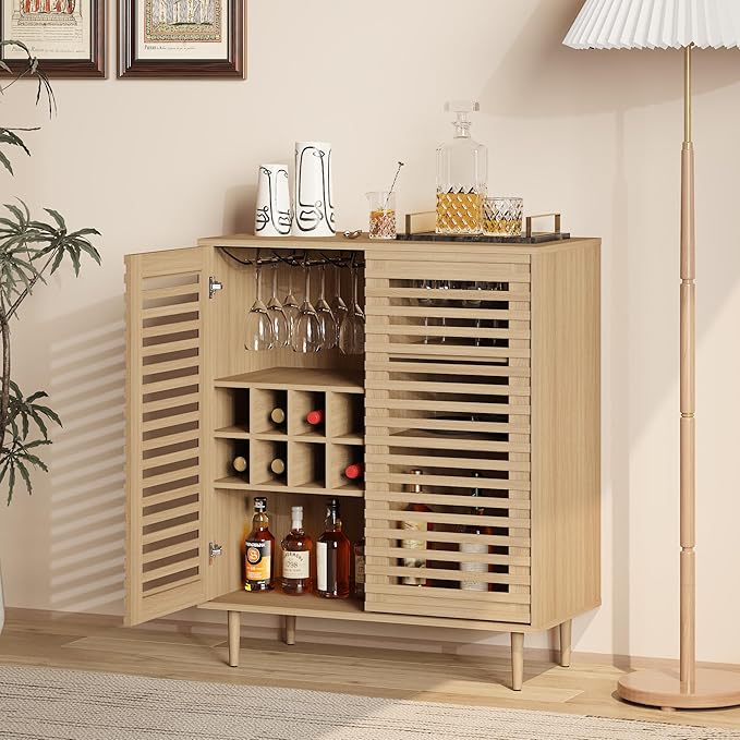 Mid Century Bar Cabinet with Wine Racks, Modern Liquor Cabinet with Slatted Doors for Dining Room, Living Room (Natural Color)-Ruum Studio Home