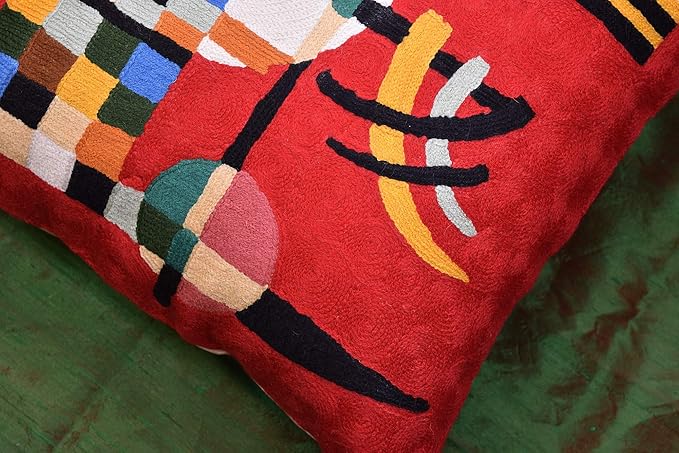 Modern Throw Pillow Cover - Kandinsky Inspired Abstract Pattern - Red - 18" x 18" - Hand Embroidered Wool - Living Room, Office, Bedroom, Outdoor-Ruum Studio Home