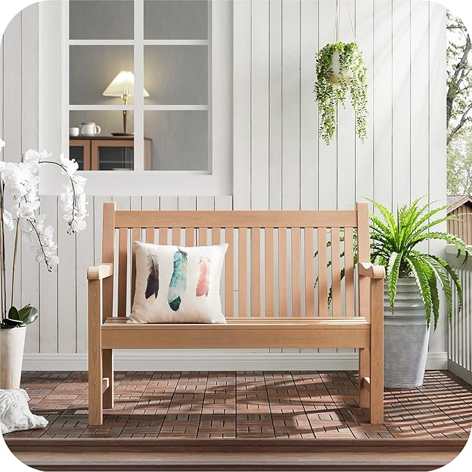 Psilvam 2-Person Poly Lumber Outdoor Bench with 700 Lbs Weight Capacity – Weatherproof Garden Seating for, Balcony Porch & Park, All-Weather Fade-Resistant Patio Furniture (Teak Color)-Ruum Studio Home