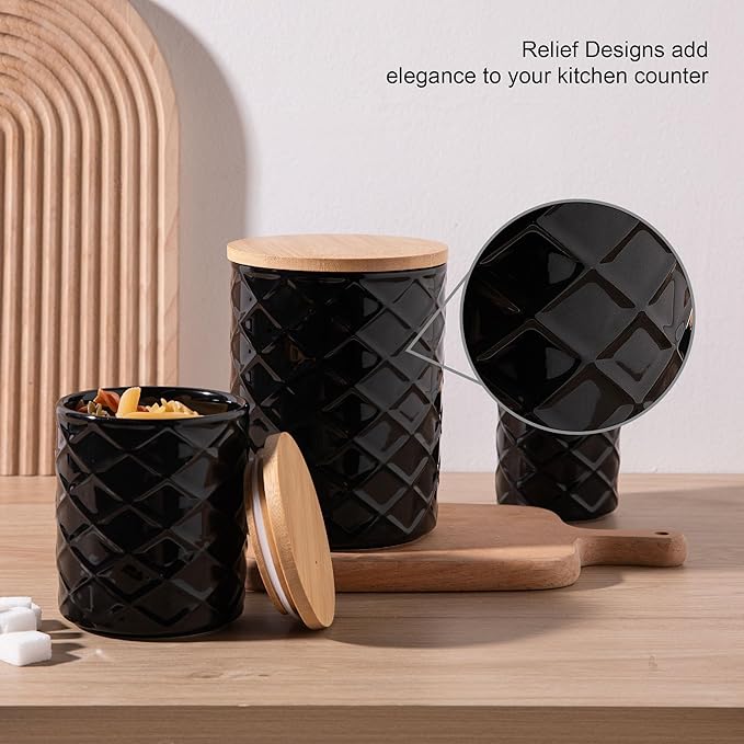 Sweejar Ceramic Canisters Sets for Kitchen Countertop, Relief Food Storage Jar with Bamboo Lid, Stackable Container for Flour, Coffee, Pasta, Cereal, Tea, Cookies, Sugar, Spices, Pack of 4 (Black)-Ruum Studio Home
