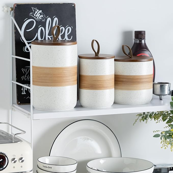 Coffee Container Jar with Lid, Ceramic Kitchen Food Storage Jars for Spice Sugar Cookie, Stackable Decorative Jars for Coffee Bar, White & 28oz-Ruum Studio Home
