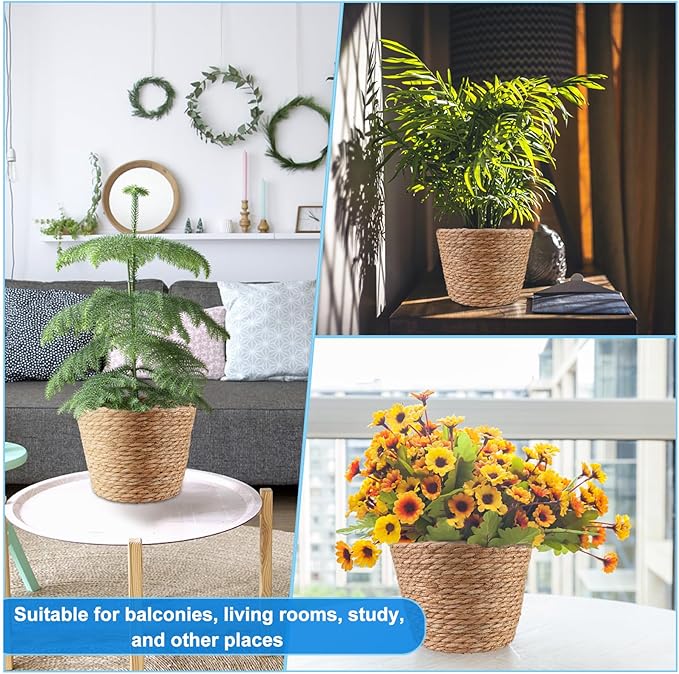4 Pcs Large Premium Seagrass Planter Basket with Plastic Lining Natural Stylish Planter Baskets Indoor Outdoor Plants Woven Wicker Baskets for Plants Flower Pots Cover and Room Decor(10.2x7.5x7.5")-Ruum Studio Home