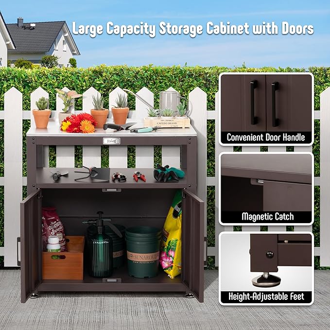 Garden Potting Bench with Storage Cabinet,Outdoor Gardening Table & Work Bench for Plants, Horticulture,Outdoor Workstation with Stainless Steel Tabletop,Outdoor Work Table-Ruum Studio Home