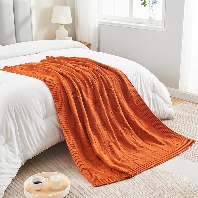 CozeCube Check Knit Throw Blanket, Rust Orange Checkered Throw for Couch, Decorative Christmas Soft Cozy Warm Knitted Blanket for Bed Sofa Living Room, 50"X60"-Ruum Studio Home
