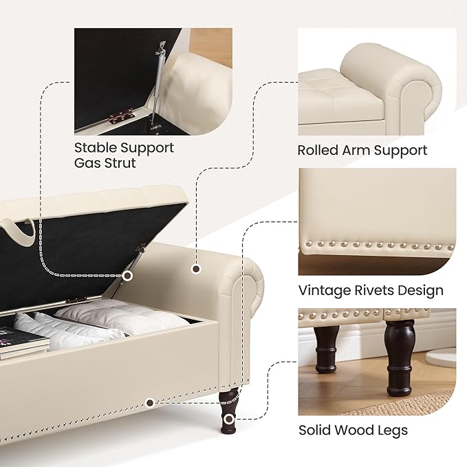 51" Storage Ottoman Bench for Bedroom, Full Queen Storage Bench with Button, Upholstered Bedroom Bench with Rolled Arms for Living Room, Storage Room, Entryway, Beige+Brown Legs-Ruum Studio Home
