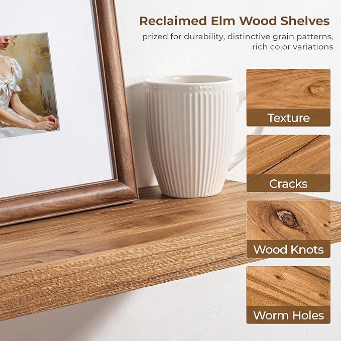 Axeman Floating Shelves for Wall - 32''W x 8'' D Rustic Solid Elm Wood Shelves for Storage, Wall Mounted Display Shelving with Invisible Heavy-Duty Metal Bracket (Natural, 2PCs)-Ruum Studio Home