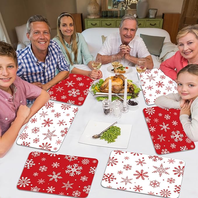 Christmas Placemats Set of 6 Christmas Red and White Snowflake Plastic Table Mats Winter Place Mats Washable Seasonal Xmas Winter Holiday Table Decoration for Indoor Outdoor Party Kitchen Dining-Ruum Studio Home