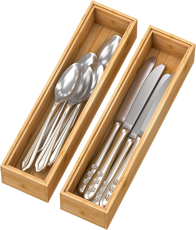 Bamboo Kitchen Drawer Organizer, Stackable Silverware Tray Utensil Organizer Cutlery Holder for Kitchen,Wooden Storage Box for Bathroom, Multi-Use Storage Bins Dividers for Office(12x3x2.5 inch）-Ruum Studio Home