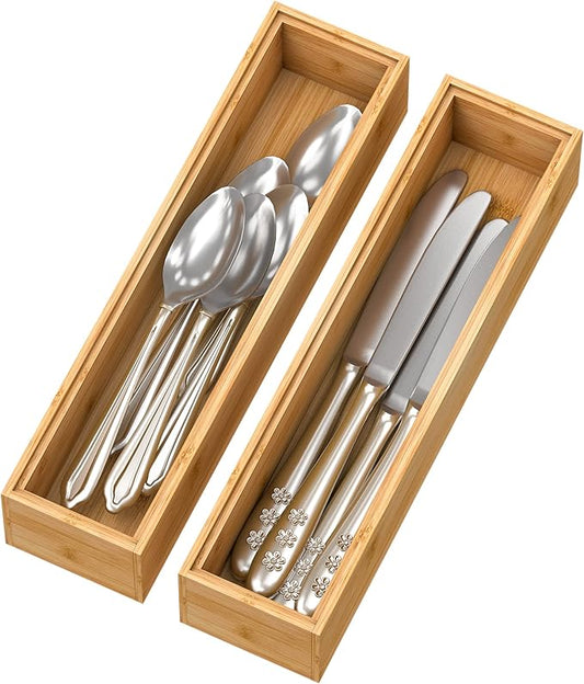 Bamboo Kitchen Drawer Organizer, Stackable Silverware Tray Utensil Organizer Cutlery Holder for Kitchen,Wooden Storage Box for Bathroom, Multi-Use Storage Bins Dividers for Office(12x3x2.5 inch）-Ruum Studio Home