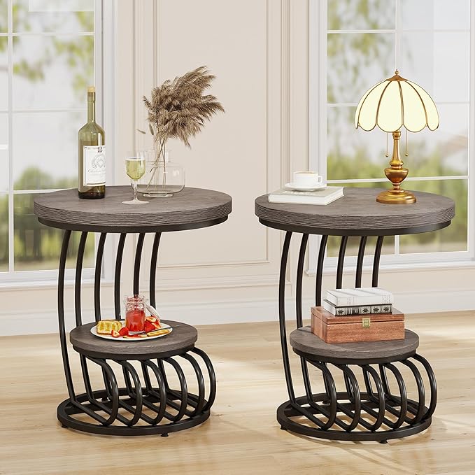 Tribesigns Round End Table: 2 Tiers Wood Side Table Set of 2 with Storage Shelf, Rustic Gray Bedside Nightstand, Accent Table for Living Room, Bedroom-Ruum Studio Home