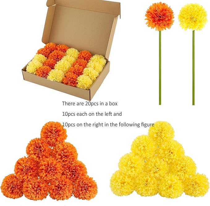 Kimura's Cabin 20Pcs Fake Silk Ball Flowers Artificial Chrysanthemum Faux Mums Bouquets Wedding Arrangements Halloween Home Table DIY Center Decoration (Orange Yellow)-Ruum Studio Home