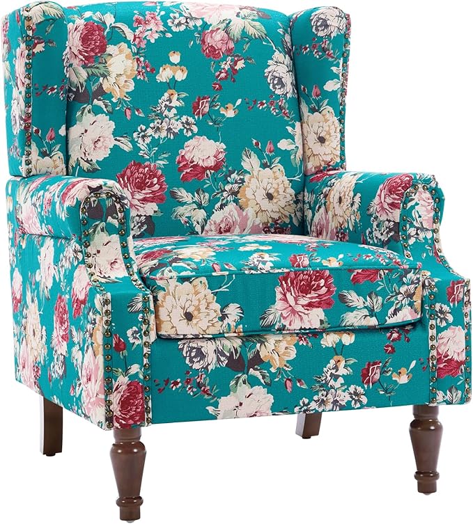 UIXE High Back Floral Accent Chairs Set of 2, Upholstered Armchair in Fabric, Retro Printed Wingback Arm Chair for Living Room, Nailhead Trim Single Sofa Bedroom Reading Seat - Peacock Blue-Ruum Studio Home