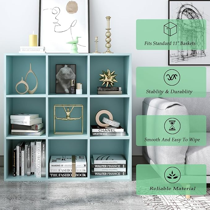 9-Cube Storage Shelf Bookcase - Wooden 3-Tier Floor Standing Open Bookshelf for Home and Office, Display Cabinet, Light Blue-Ruum Studio Home