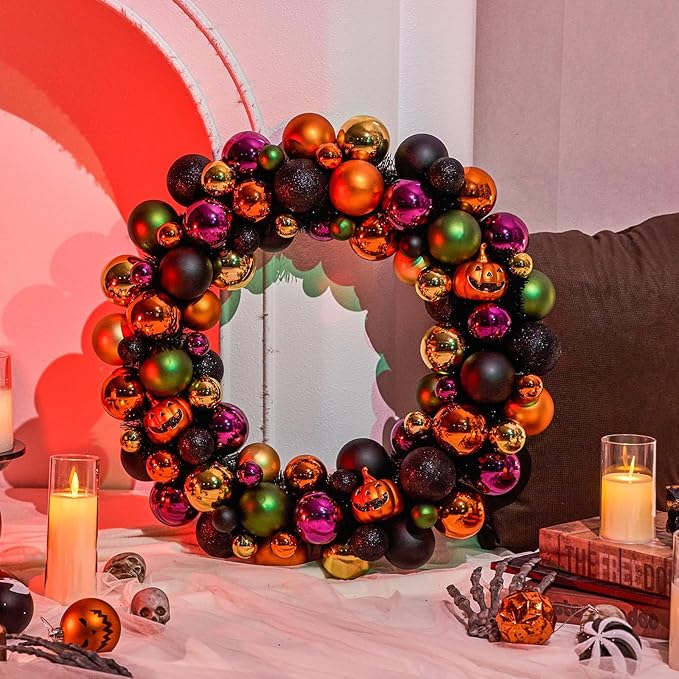 JORNOY 20inch Large Halloween Ball Wreath with Ghost & Pumpkin Accents - Seasonal Orange/Black Wall Hanging, Front Door, Mantel, Porch Decor for Home-Ruum Studio Home