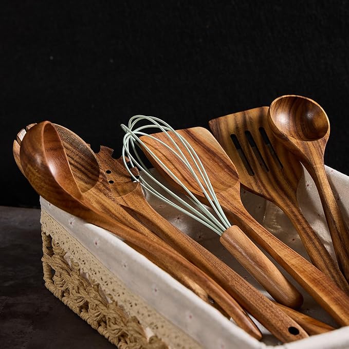 Wooden Kitchen Utensils Set, Teak Wood Cooking Spoons for Non-Stick Pans, 8 Pieces-Ruum Studio Home